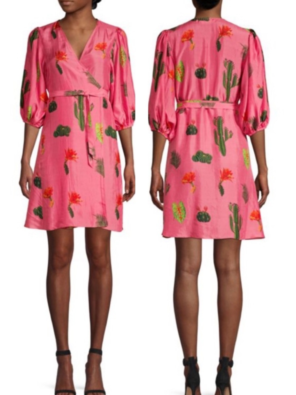 Carolina K Cactus Print Silk Wrap Mini Dress 3/4 Puff Sleeve Pink/Green SZ M